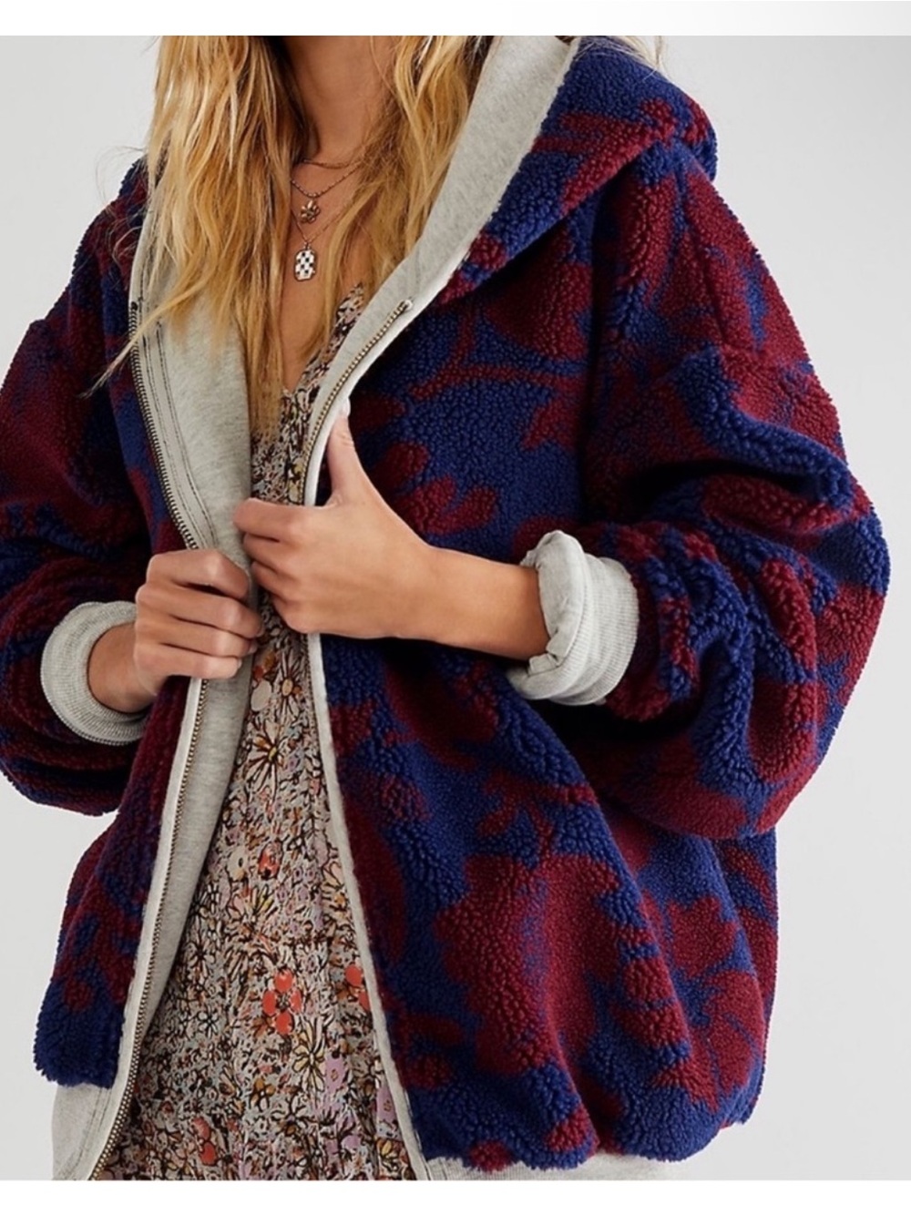 We The Free Canyon Moon Cardi Sherpa Zip Hoodie Jacket in Navy & Burgundy